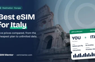 Best eSIM for Italy: the Colosseum in Rome under a blue sky, with an eSIM boarding pass to ITA