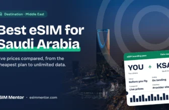 Best eSIM for Saudi Arabia: Riyadh skyline at night with the Kingdom Centre tower and an eSIM boarding pass to KSA