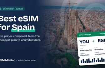 Best eSIM for Spain: the Sagrada Família above Barcelona, with an eSIM boarding pass to ESP
