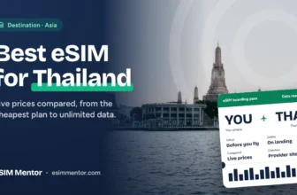 Best eSIM for Thailand: Wat Arun temple by the river in Bangkok at dusk, with an eSIM boarding pass to THA