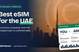 Best eSIM for the UAE: the Dubai skyline and Burj Khalifa at sunset, with an eSIM boarding pass to ARE