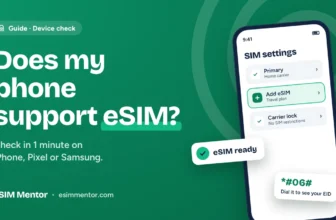 Does my phone support eSIM: phone SIM settings screen with Add eSIM highlighted and an eSIM ready badge
